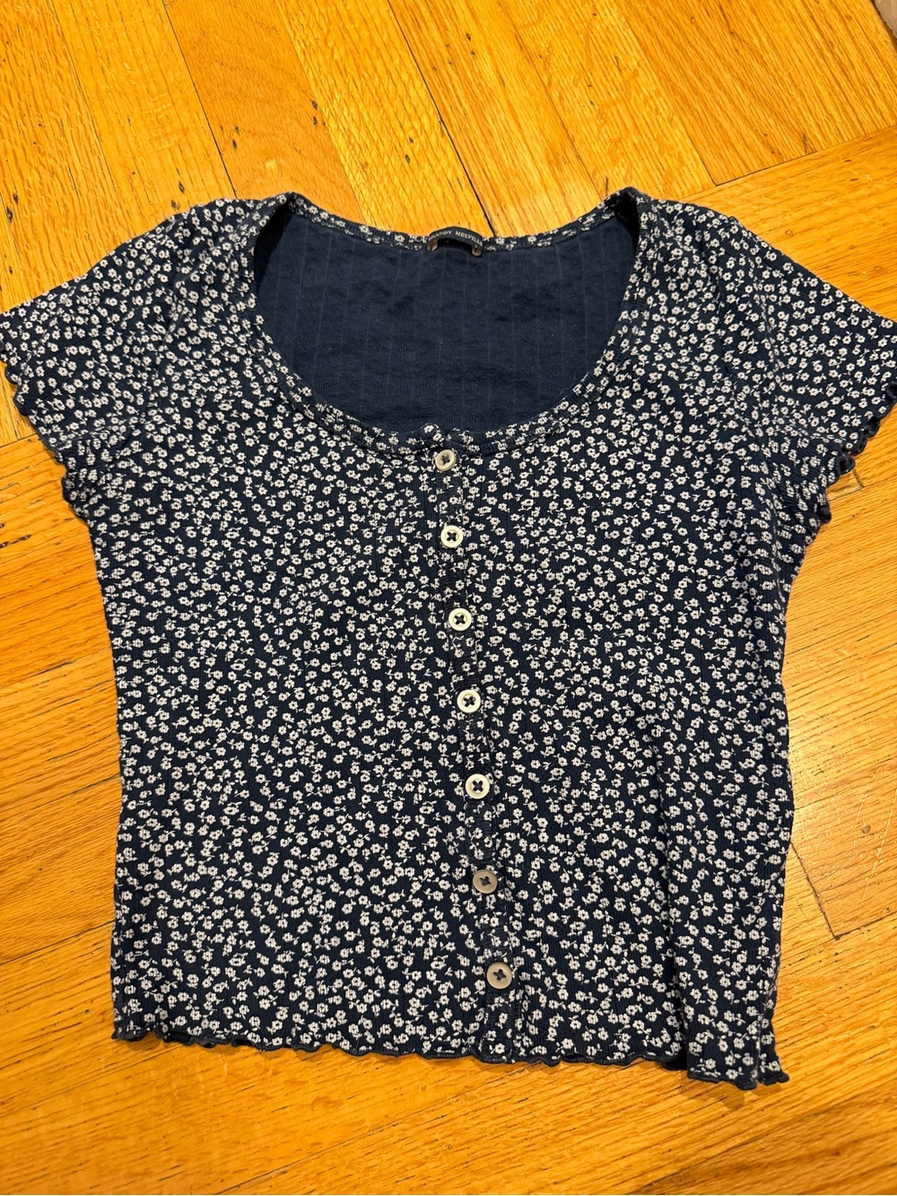 Brandy Melville Navy Blue Floral Button-Front Scoop Neck Top